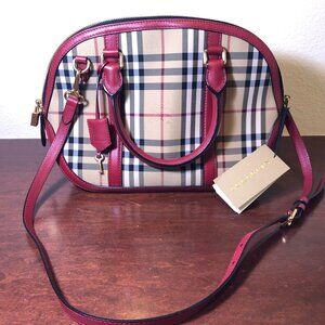 BURBERRY Horseferry Checkered Canvas and Leather Tote Bowling Bag Red/Beige